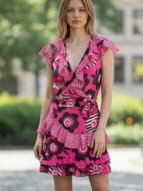 Celia Birdwell Vintage 2 Piece Skirt set Pink Black White Wrap Top Ruffled Sz SM